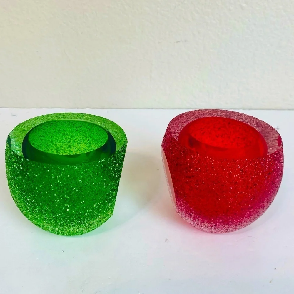 Set Of 2 Green And Red Sugar Iced Sommerso Crystal Votive Candle Holders